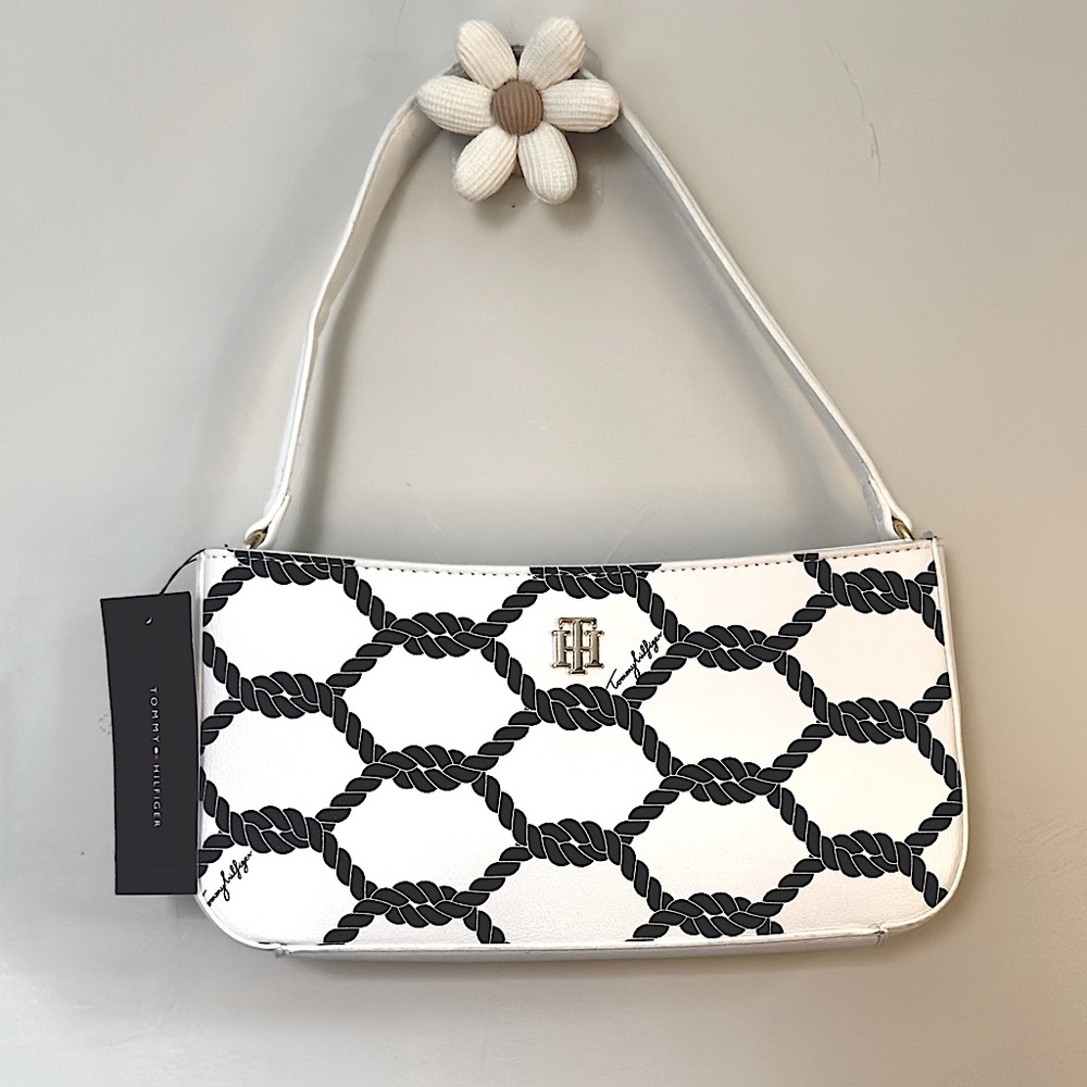 Tommy Hilfiger Black and White Rope Print Design Shoulder Bag Purse Gold